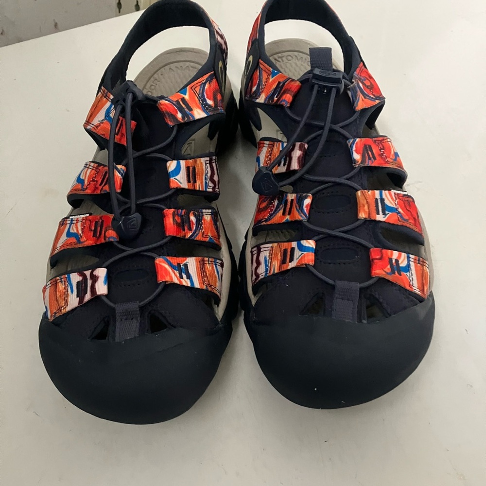 Keen Men's Black Sandals with Red Orange Patterned Straps
